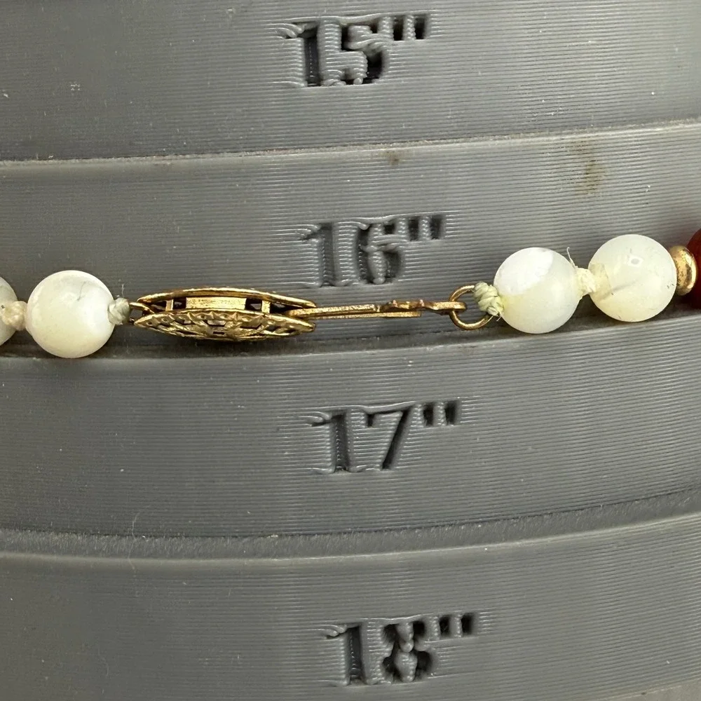 Vintage  Necklace Earring Set Red White Beaded Gold Tone 6mm 17